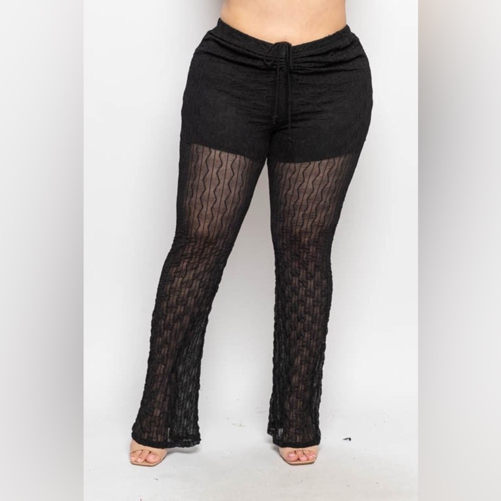 Plus Size Textured Mesh Lined Elastic Waist Flare Leg Pants